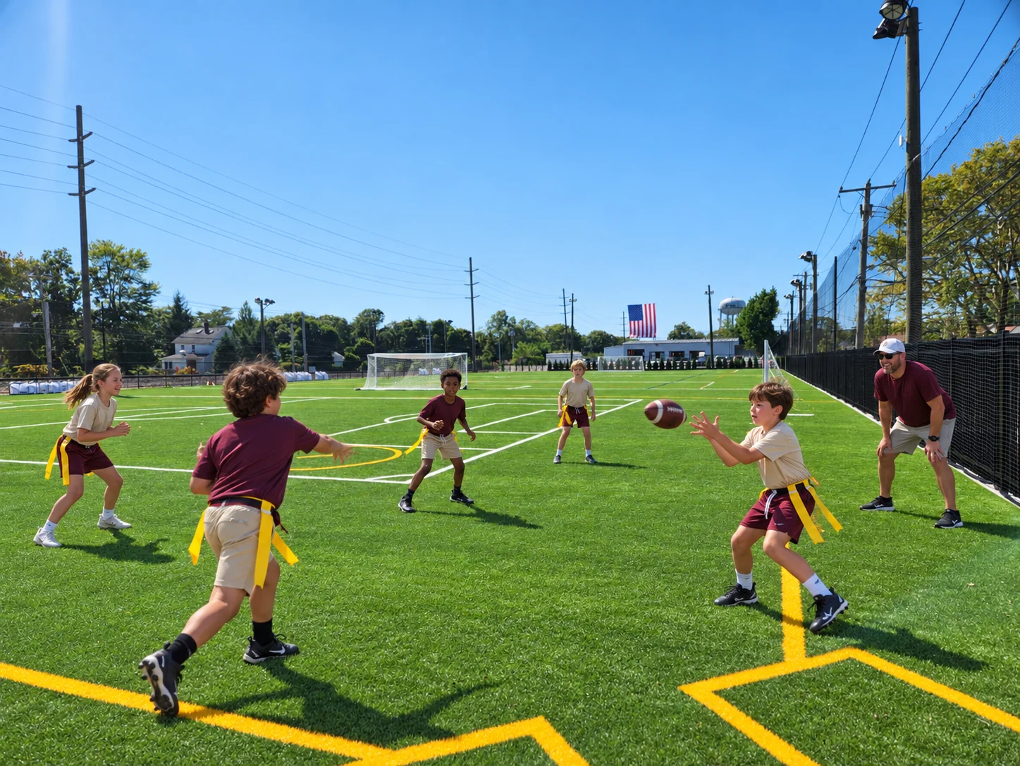 Event illustration: youth players practice non-contact flag football at The Pearl Training Field.