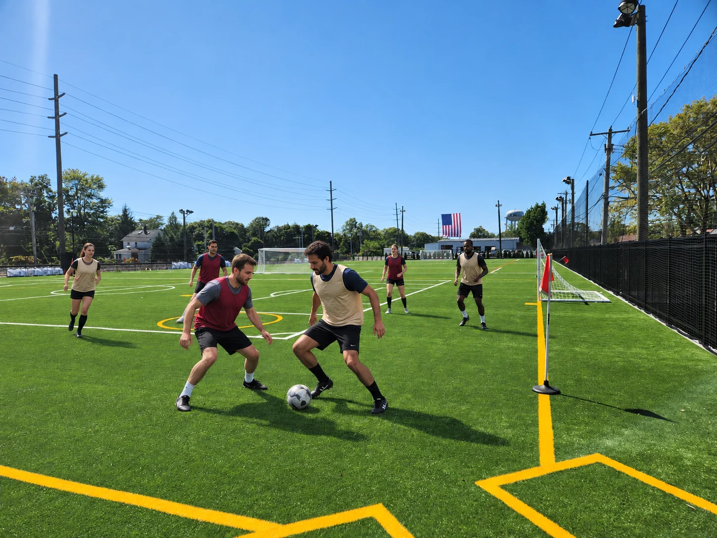 Event illustration: adult players in burgundy and beige bibs play a friendly soccer scrimmage on the club’s field.