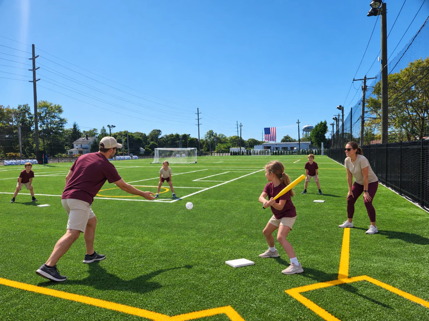 Event illustration: families enjoy Wiffle ball on the turf at The Pearl Training Field.